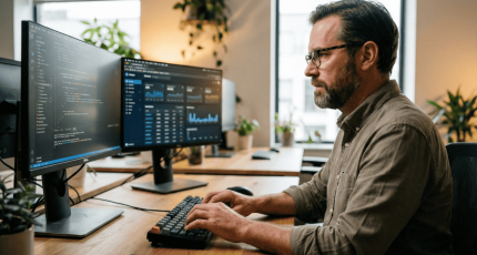Cybersecurity specialist analyseert pentestresultaten op dual-monitor setup in moderne kantooromgeving met warme verlichting