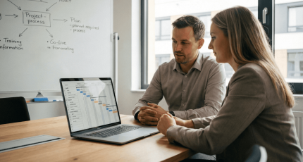 Een IT-manager en een expert van Cyberplan bespreken de ideale pentest-frequentie aan de hand van een tijdlijn op een laptop, om te bepalen of een jaarlijkse of halfjaarlijkse test nodig is voor hun cybersecurity-planning.