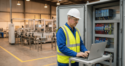 Een technicus voert een OT-security audit uit op een PLC-schakelkast in een productieomgeving, waarbij hij een laptop gebruikt voor passieve monitoring zonder de operationele technologie te verstoren. Cyberplan Cybersecurity