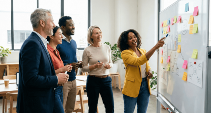 Een divers team van experts bij Cyberplan plant de NIS2-compliance roadmap op een whiteboard met post-its, ter voorbereiding op de Belgische verificatiedeadline van 18 april 2026.