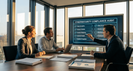 Cyberplan consultant bespreekt het NIS2 stappenplan met een Vlaams KMO-team aan de vergadertafel