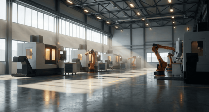 Zicht op een moderne Vlaamse productiehal met CNC-machines en robotarmen die dankzij een preventieve pentest van Cyberplan beschermd zijn tegen ransomware-aanvallen en productiestilstand.