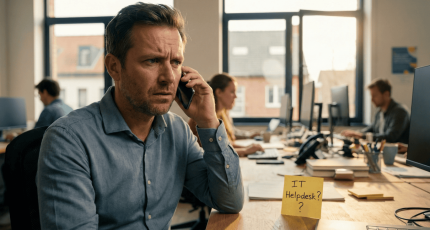 Een bezorgde kantoormedewerker voert een telefoongesprek naast een geeltje met 'IT Helpdesk?', wat de psychologische druk en urgentie van social engineering en helpdeskfraude bij Cyberplan klanten illustreert.