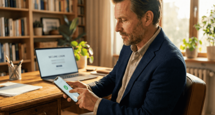 Een ondernemer logt veilig in met twee-factor-authenticatie (2FA), een cyberbeveiligingsmethode geadviseerd door Cyberplan.