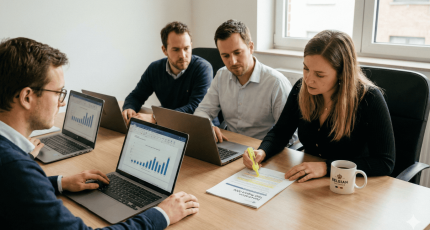 Een team van IT-experts en een zaakvoerder analyseren bij Cyberplan de resultaten van een vulnerability scan en pentest om de optimale beveiligingsstrategie voor hun KMO te bepalen.