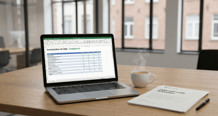 Klanten van Cyberplan evalueren de voortgang van een gesubsidieerd Cybersecurity Verbetertraject op een laptop, waarbij ze kiezen tussen de KMO-portefeuille voor advies of een structurele aanpak via VLAIO.